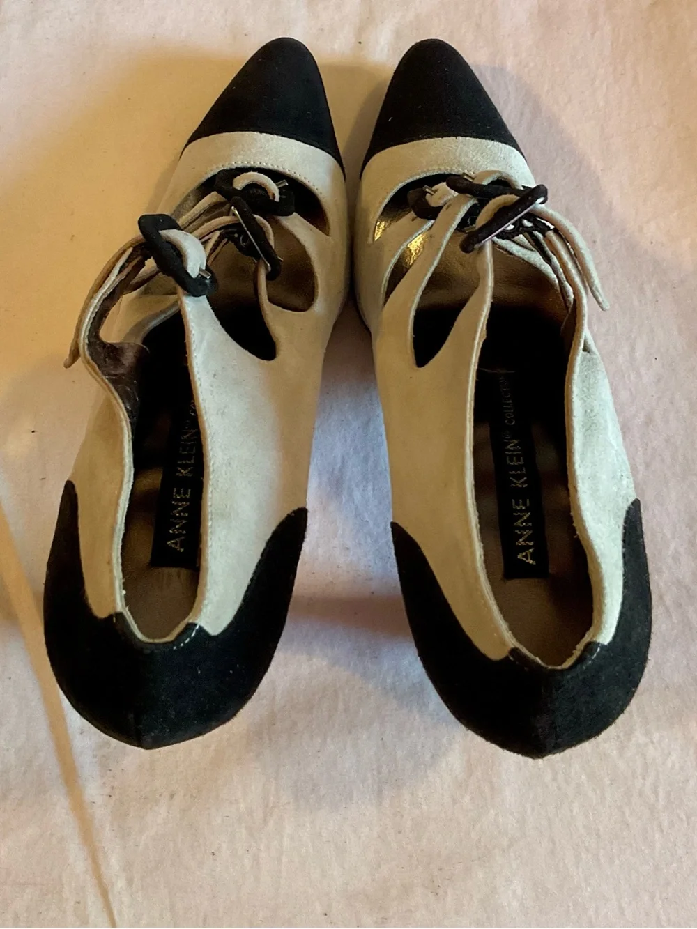 Anne Klein Vintage Grey & Black Cap-Toe Triple Buckle Heeled Booties